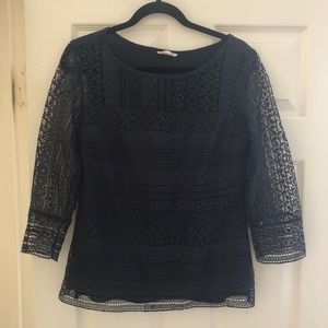 Navy Blue Long Sleeve Lace Blouse